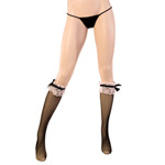 "Fishnet knee highs with ruffle and bow"