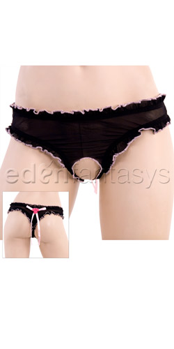 Black ruffled crotchless thong