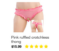 Pink ruffled crotchless thong