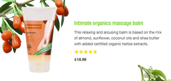 Intimate organics massage balm. This relaxing and arousing balm is based on the mix of almond, sunflower, coconut oils and shea butter with added certified organic herbal extracts.