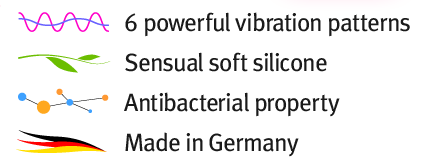 6 powerful vibration patterns. Sensual soft silicone. Antibacterial property. Made in Germany