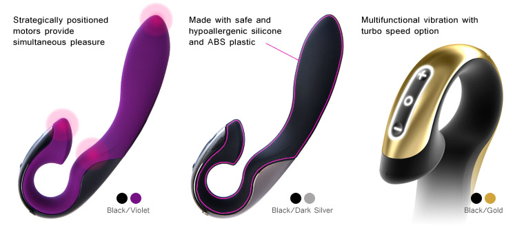 Strategically positioned motors provide simultaneous pleasure. Made with safe and hypoallergenic silicone and ABS plastic. Multifunctional vibration with turbo speed option.